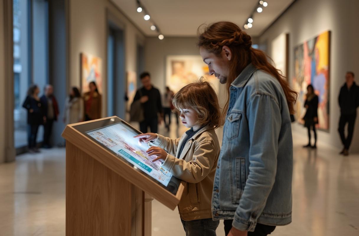 Borne tactile interactive Heteractis en situation réelle dans un musée Visiteurs utilisant une borne tactile moderne dans un hall de musée lumineux avec œuvres d'art en arrière-plan