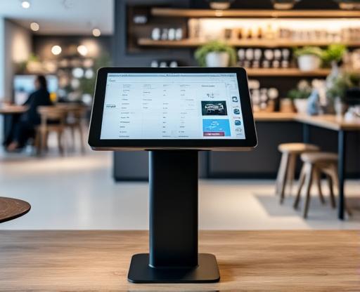 Borne tactile totem professionnelle design noir dans showroom moderne, écran incliné ergonomique