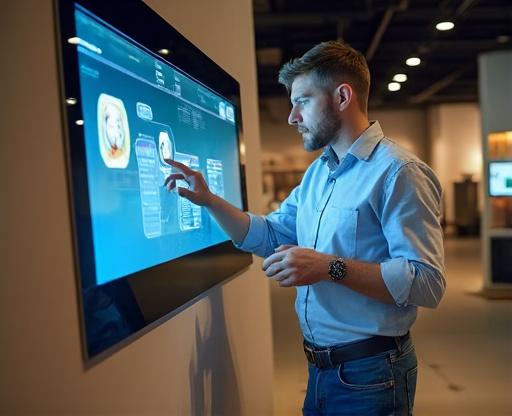 Technicien Heteractis installant une borne tactile dans un musée, formation équipe sur site