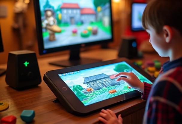 Exemple de jeux éducatifs - Médiation patrimoniale ludique Enfants utilisant avec enthousiasme une borne tactile avec jeu éducatif interactif