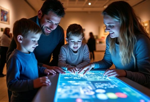 Exemple de feuilletoir numérique - Valorisation numérique des collections Famille consultant une borne tactile dans un musée d'art avec interface de feuilletoir visible