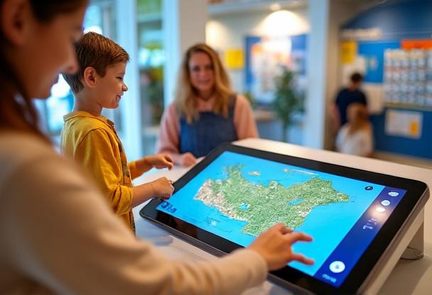 Exemple de borne touristique - Information et orientation visiteurs Famille utilisant une borne tactile d'information touristique avec carte interactive du territoire