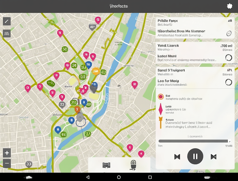 Audio-guide interactif - Parcours géolocalisés et contenu multilingue Interface d'audio-guide tactile avec carte interactive du site et contrôles de lecture multilingues