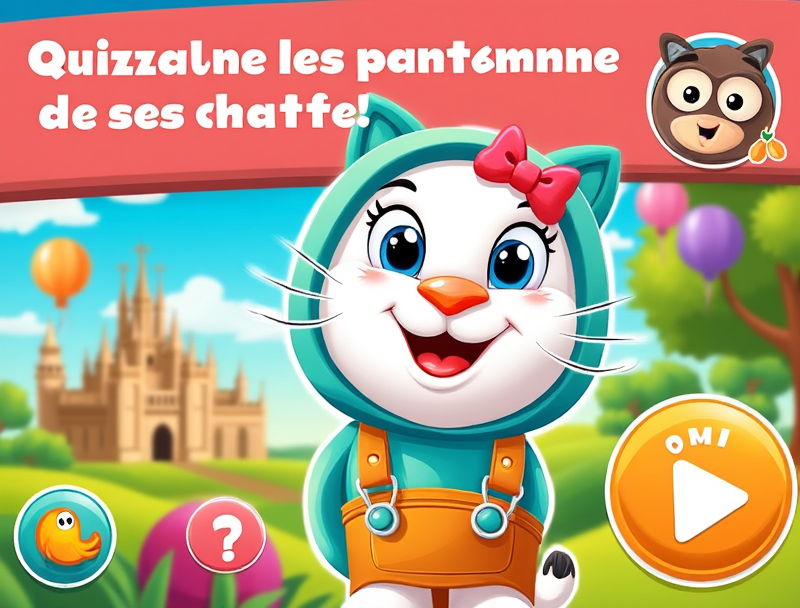 Jeux interactifs patrimoniaux - Apprentissage ludique pour tous les âges Interface de jeu éducatif pour enfants sur le patrimoine avec quiz coloré et mascotte guide