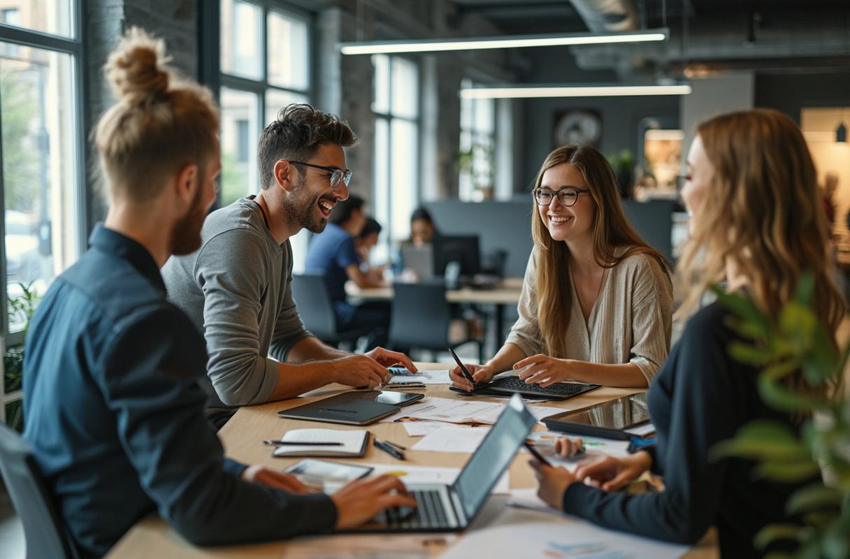 L'équipe Heteractis - Expertise technique et créative Équipe Heteractis travaillant sur des bornes tactiles dans les bureaux modernes de Mondonville